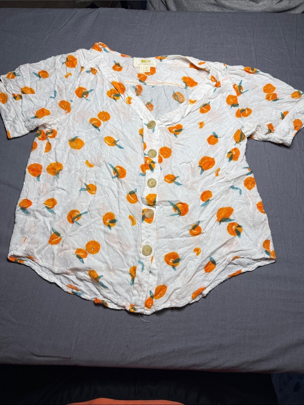 Anthropologie Maeve White Top with Orange and Green Fruit Motif